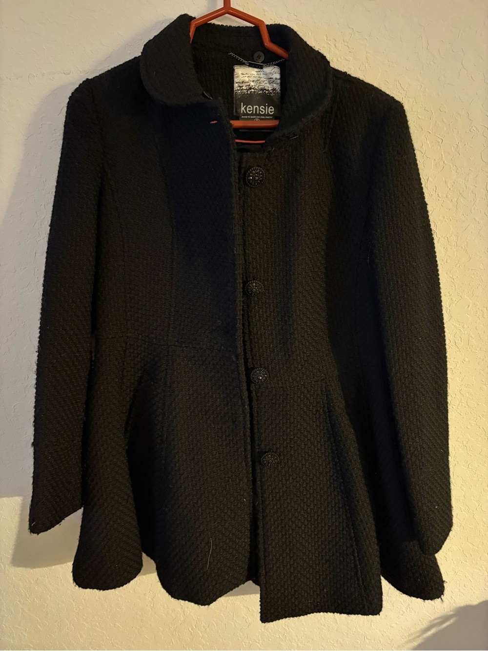 Kensie Black Textured Peacoat with Flared Hem